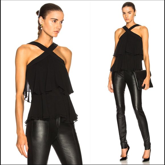 New ALC for Barneys New York Miro ruffle tiered layered cross halter silk blouse - Picture 3 of 5